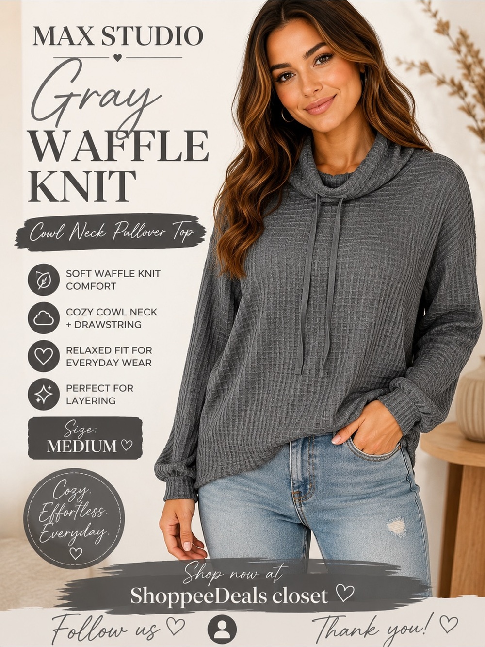 MAX STUDIO Gray Waffle Knit Cowl Neck Pullover Top | Size Medium
